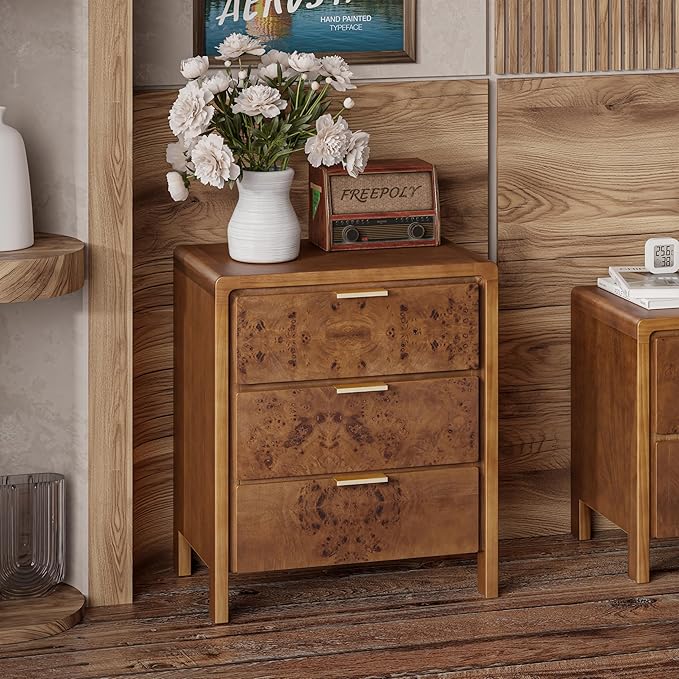 COZAYH Farmhouse Nightstand Set of 2 with 3 Drawer, Distressed Wood Rustic Accent Dresser, Burl Finish Bedside Table for Bedroom, Entryway, Fully Assembled, Brown