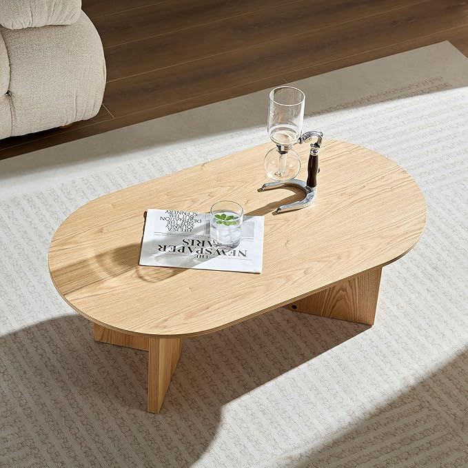 SSLine Mid-Century 39.37" Oval Coffee Table with Pedestal Base Natural Brown Wood Grain Top Cocktail Center Table for Living Room Bedroom