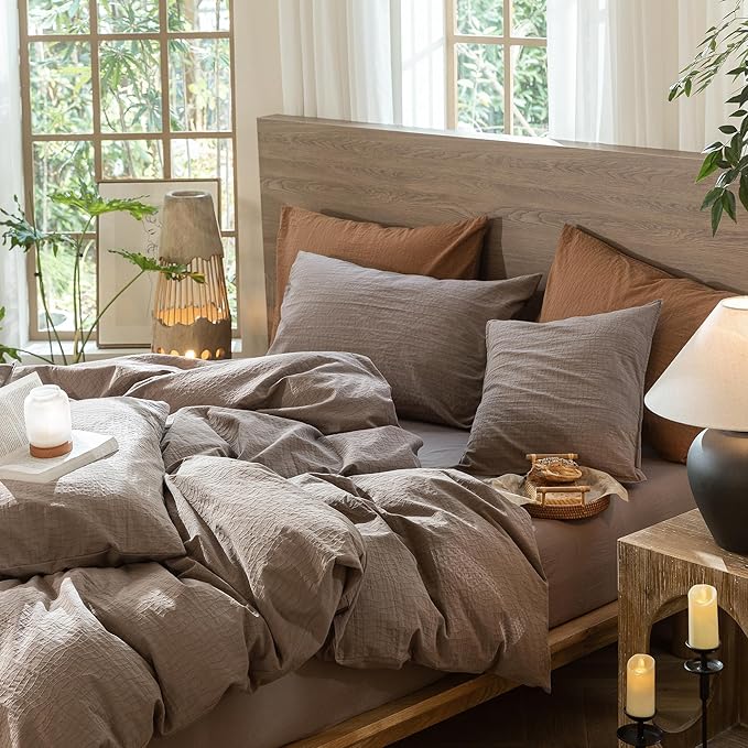 MooMee Wavy Striped Duvet Cover Set 100% Washed Cotton Linen Like Textured Breathable Durable Soft Comfy (Brown, Super King 108"x98")
