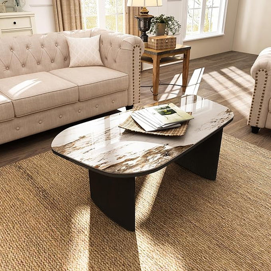 Luxury Marble Coffee Table, Premium Sintered Stone Top, Natural Wood Look Base, Modern Design Stone Cocktail Table, Marble Top Coffee Table for Living Room, Sculptural Contemporary Center Table
