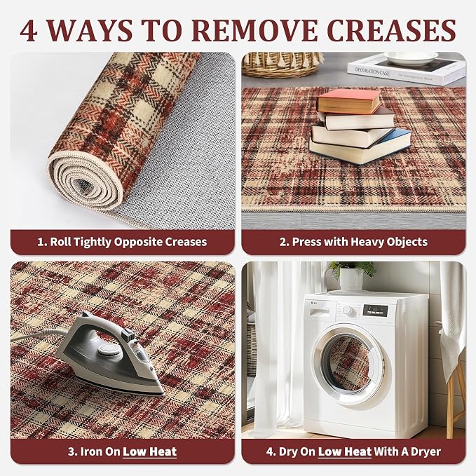 Washable Runner Rug 2x8 Modern Christmas Entryway Rug Tartan Plaid Non Slip Kitchen Rugs Rustic Bedroom Area Rug Hallway Runners Soft Carpet Bath Mat Stain Resistant Throw Rugs for Laundry Red