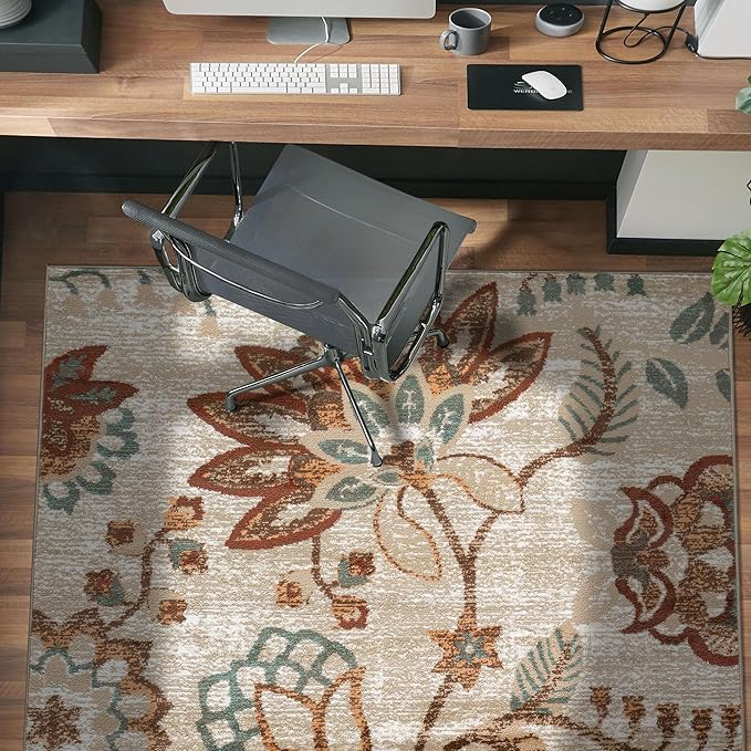 Rugshop Beige Floral Area Rug 4x6- Vintage Botanical Indoor Carpet for Living Room, Bedroom, or Dining Room – Non-Shedding, Soft Low-Pile Traditional Rug 4' x 6'