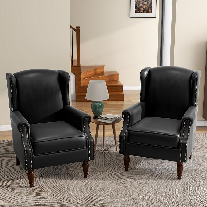 Faux Leather High Back Accent Chairs Set of 2, Upholstered Armchair for Living Room, Retro Wingback Arm Chair Nailhead Trim Single Sofa Bedroom Reading Seat with Solid Wood Legs - Black