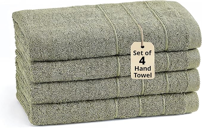 LANE LINEN 4 PCs Hand Towel Set for Bathroom (16"x28") - 100% Ringspun Cotton Hand Towel Set - Quick Dry, Ultra Soft & Absorbent, Durable Large Hand Towels - Tumble Dry Regains Fluffiness - Oil Green