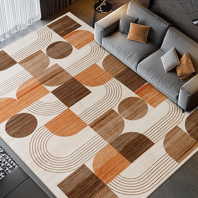 Large Machine Washable 6x9 Area Rug, Soft Modern Geometric Abstract Orange Rugs for Bedroom Living Room, Non-Shedding Faux Wool Indoor Throw Floor Carpet for Office Entryway Dining Room Decor