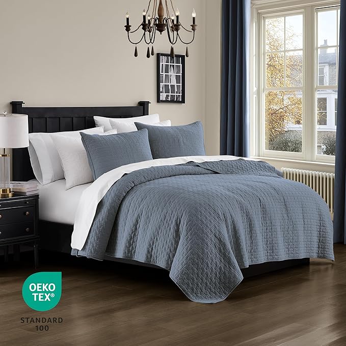 palassio Blue Grey 100% Cotton Quilt Twin Size Bedding Sets with 1 Pillow Sham, Textured Lightweight Soft Bedspread Shabby Chic Coverlet, Quilted Comforter Bed Cover for All Season, 2 Pieces