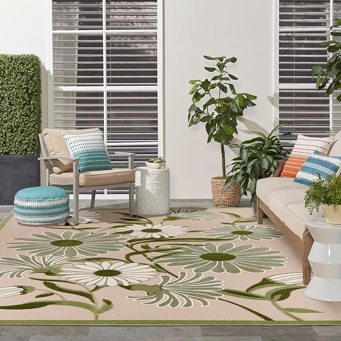 Nourison Home Aloha Ivory Green 9' x 12' Area Rug - Easy Clean, Non Shedding, Bed Room, Living Room, Dining Room, Kitchen (9' x 12')