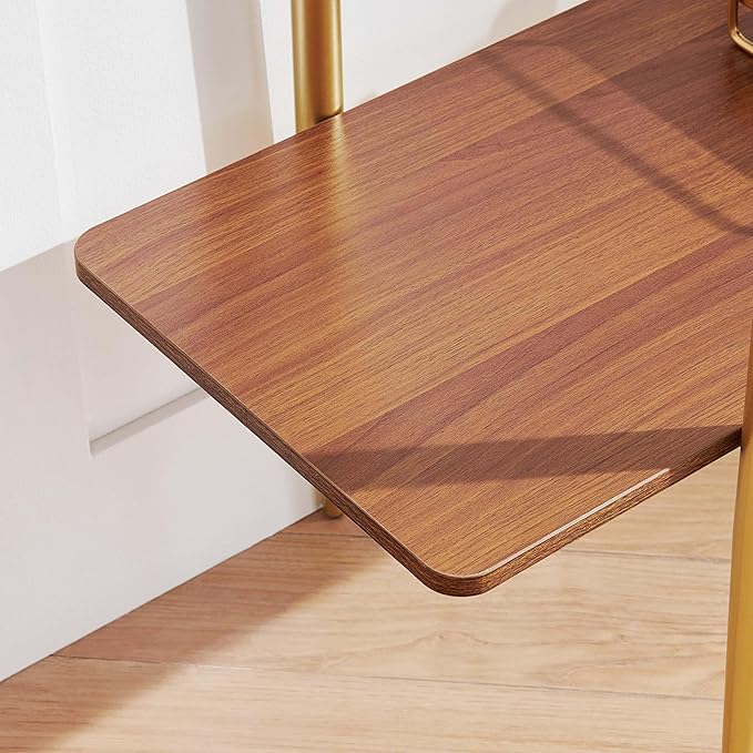 Rectangle Glass Console Table, Mid-Century Modern Design, L41*W14*H32 inch, for Living Room, Clear Glass Top and Walnut Finish Wood Shelf, Conical Metal Legs with Gold Finish