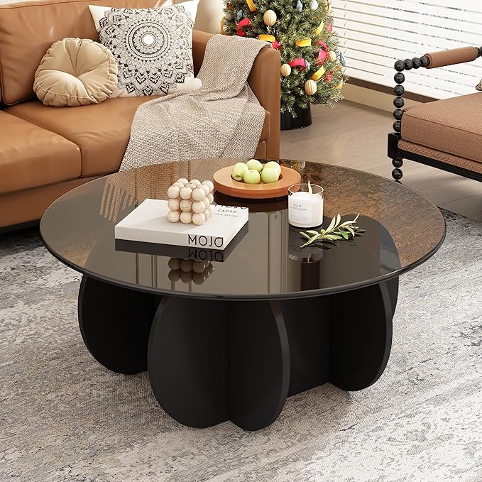 Round Coffee Table, Mid Century Modern Design, 31.5'' Modern Round Tempered Glass Coffee Tables for Living Room, Cocktail Table for Small Space Home Office. (Black + Brown)