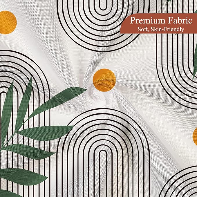 Boho Mid Century Shower Curtain Abstract Arch Geometric Sun Curve Rainbow Tropical Leaves Minimalist Shower Curtain Aesthetic Beige Bathroom Decor Fabric Curtains Set 72x78 inch