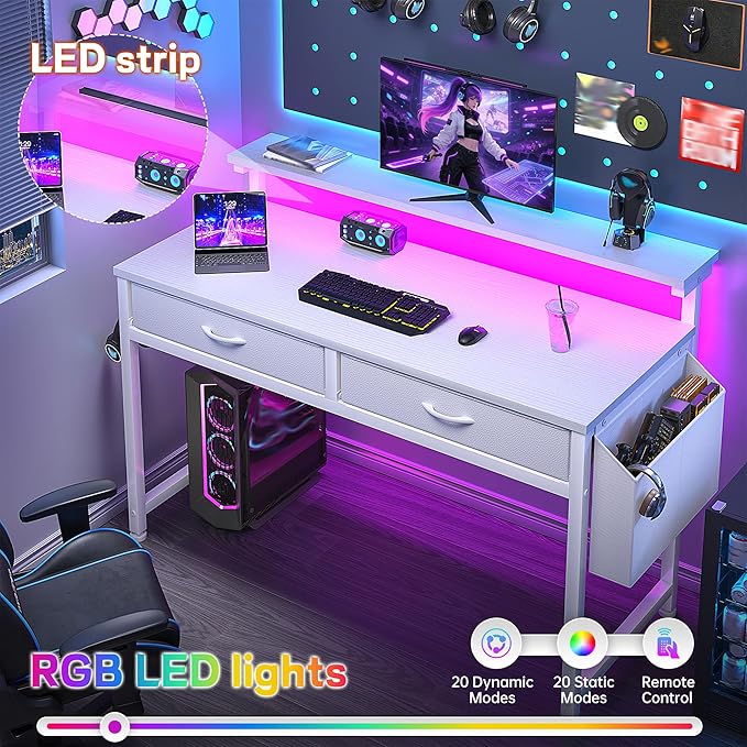 DurayLoly Computer Desk with 2 Drawers & LED Lights,39.4 Inch Home Office Desks with Side Pocket and Monitor Stand,Study Writing Table for Small Spaces,White