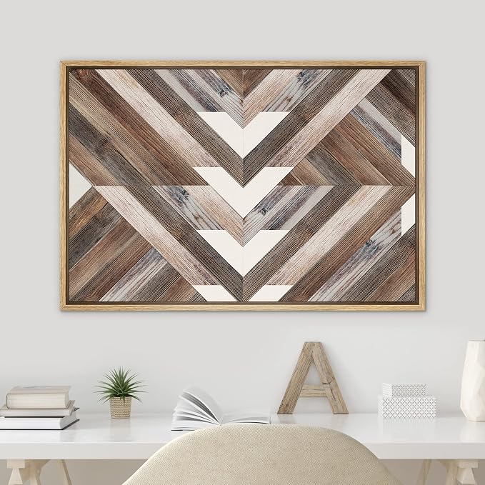 SIGNWIN Framed Canvas Print Wall Art Western Decor Geometric Triangle Pattern Collage Abstract Shapes Modern Art Decorative Nordic Rustic Wood Panel for Living Room, Bedroom, Office - 24"x36" Natural