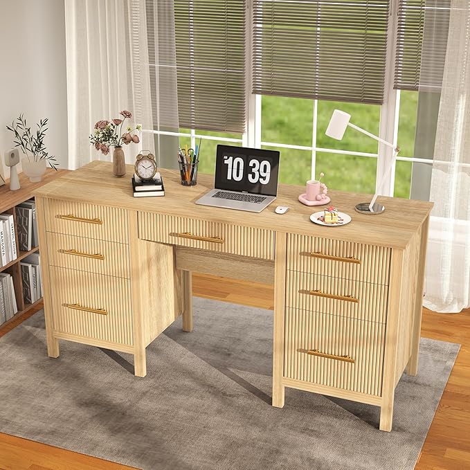 Executive Desk with Drawers: 60" Oak Desk with File Cabinet, Home Office Desks with Storage, Modern Desks with File Drawer, Fluted Wood Computer Table (60")
