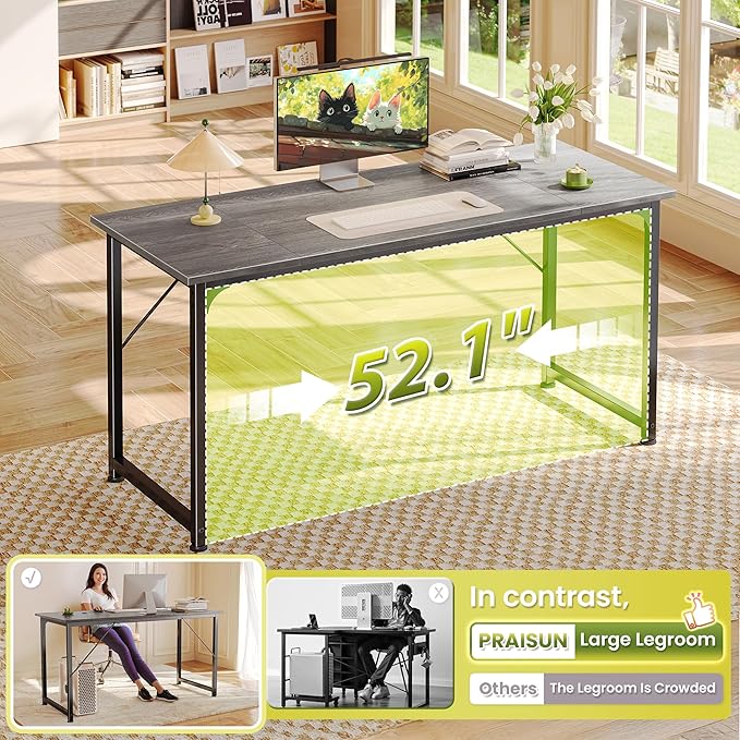 PRAISUN 55 Inch Computer Desk, Home Office Desk with Spacious Desktop, Modern Gaming Desk, Writing Study Table for Bedroom, Small Spaces, Work from Home Desk with Metal Frame, Grey