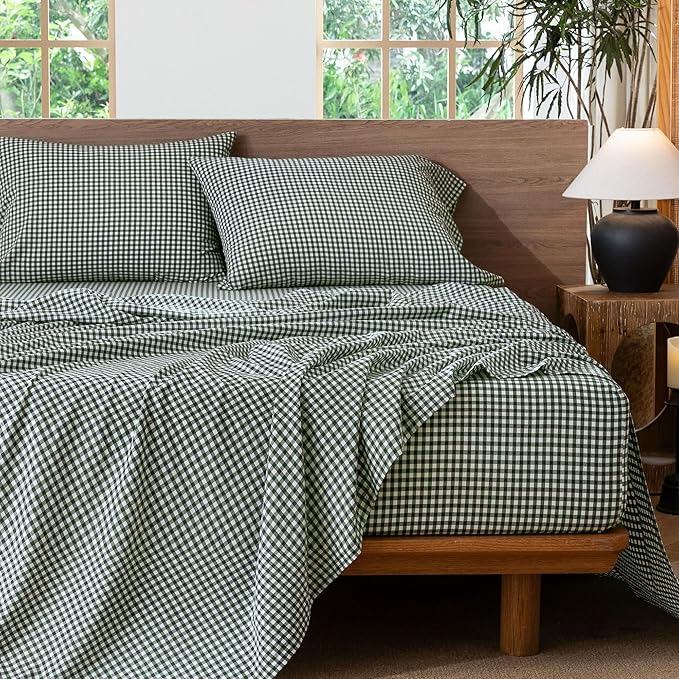 MooMee Gingham Sheet Set 100% Washed Cotton Linen Like Textured Breathable Soft w/Fully Elasticized 16-19" Deep Pocket (Mini Gingham Forest Green, Queen)