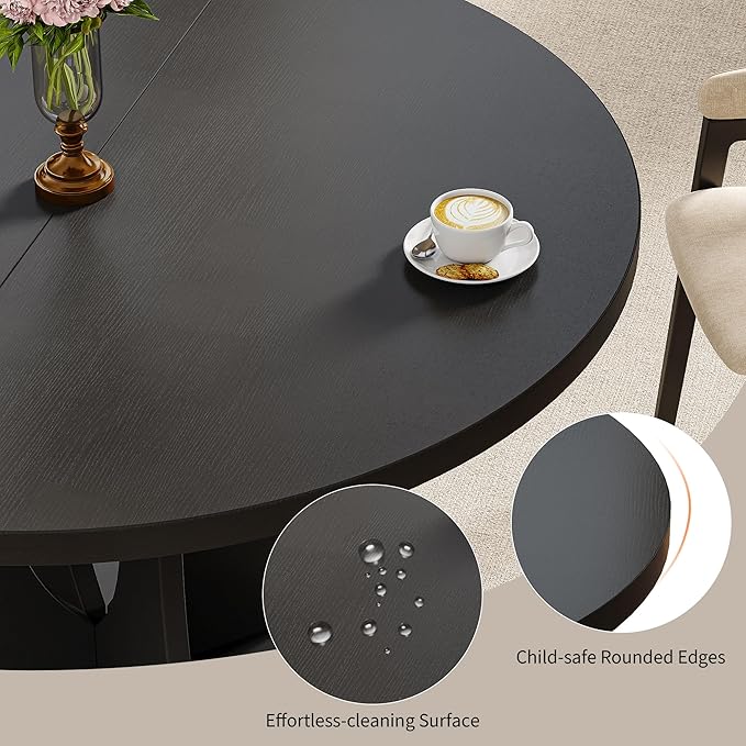 iPormis 43.3-59 Inch Extendable Round Dining Table for 6-8 People, Oval Dinner Table with Adjustable Top and A Stable Round Pedestal Base, Space Saving Wooden Kitchen and Dining Table, Black
