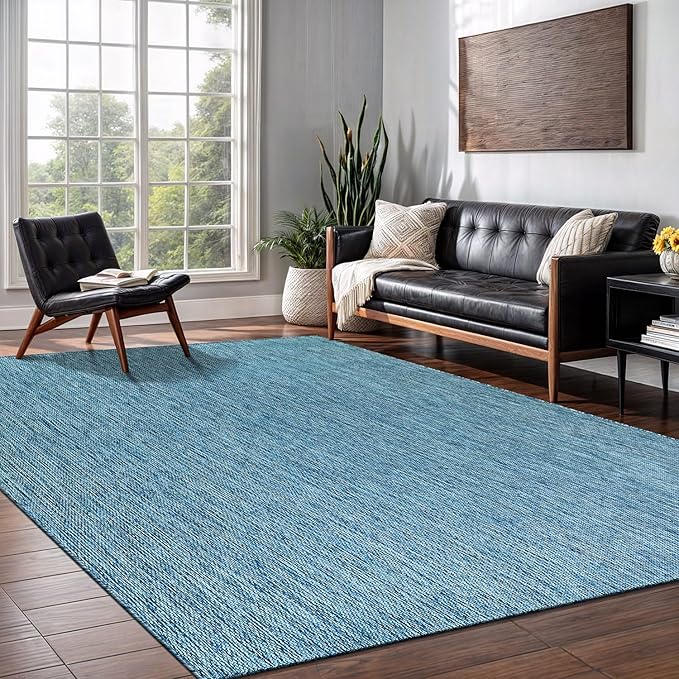 Washable Indoor Outdoor Rug Weather Resistant Carpet Modern Solid for Porch Deck Balcony Backyard Patio Rug 8x10 Aqua Blue