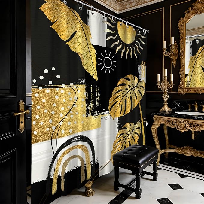 Black and Gold Mid Century Modern Shower Curtain Bohemian Abstract Dark Mens Shower Curtains for Bathroom Decor Sets, Waterproof Cloth Fabric with Hooks, 72x84 Inch
