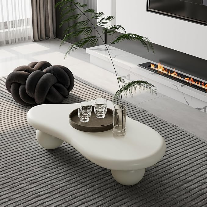 40" Modern White Coffee Table Cloud Shape Low Center Table Cute Irregular Indoor Tea Table with 3 Ball Legs for Living Room Small Space