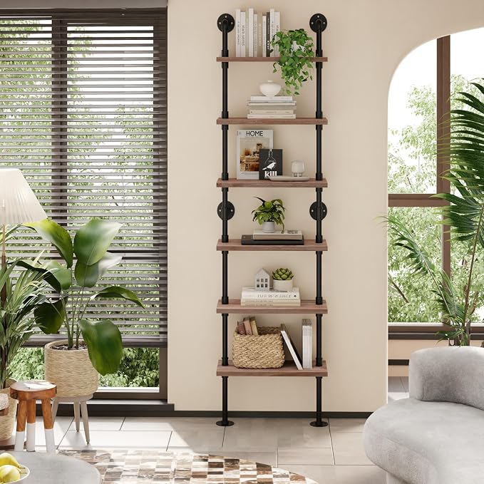 Industrial Ladder Pipe Shelves, Wall Mounted Rustic Bookshelf, Retro Metal Wood Bookcases (Weathered Brown, 6 Tier - 10" D x 24" W x 82.5" H)