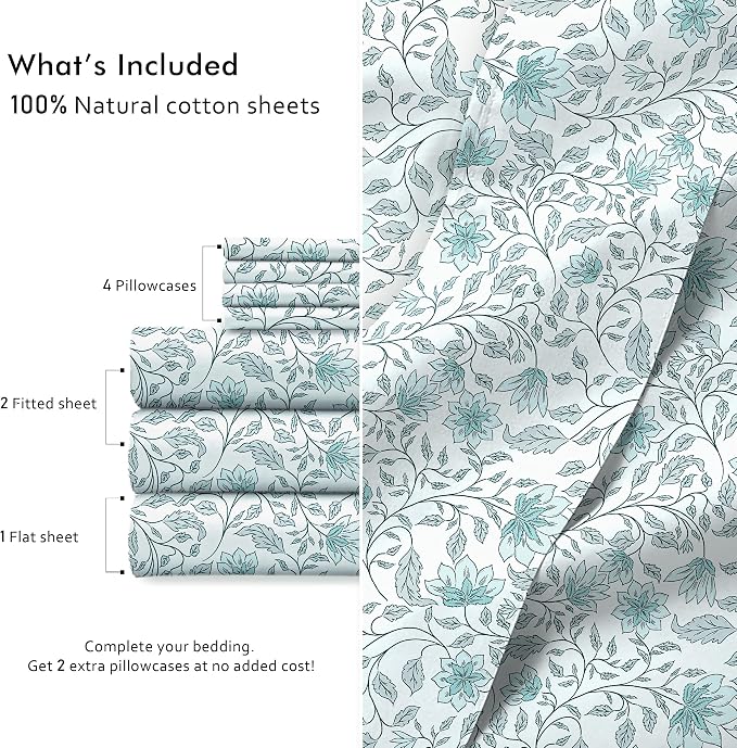 RUVANTI 100% Cotton Percale Sheets Split King Size 7 Piece Set, Cooling Bed Sheets for Hot Sleepers, Deep Pocket 16”, Breathable Lightweight & Durable, Crisp Hotel Style Sheets, Wildflower Nest