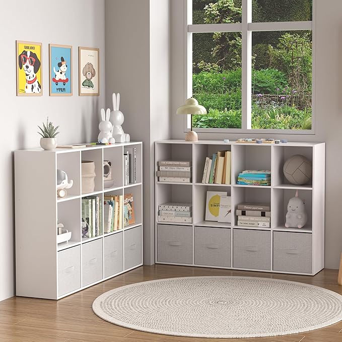Wooden 12 Cube Storage Organizer with Closed Back Panel,White Cube Shelf Cubby Storage Organizer with Compartments for Living,Bookshelf, Easy to Install (White, 12-Cube-11in)