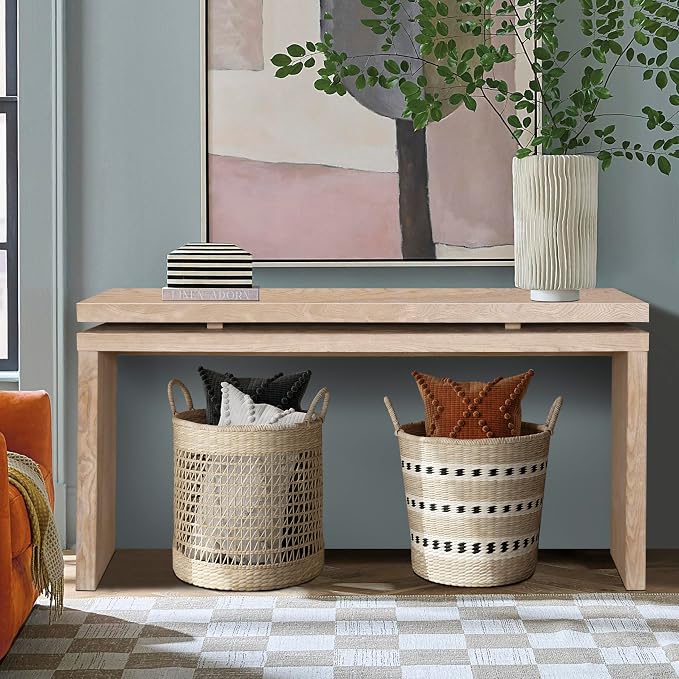 Wood Console Table, 60" Retro Narrow Long Sofa Table Behind Couch with Double Board Suspension Design and Solid Wood Finish for Hallway Entryway Living Room Entrance, Natural
