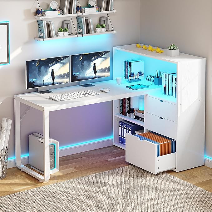 YITAHOME L Shaped Desk with Power Outlets, 55" Computer Desk with Drawers & Bookshelf, Home Office Desk with LED Lights, Corner Desk with File Cabinet, White
