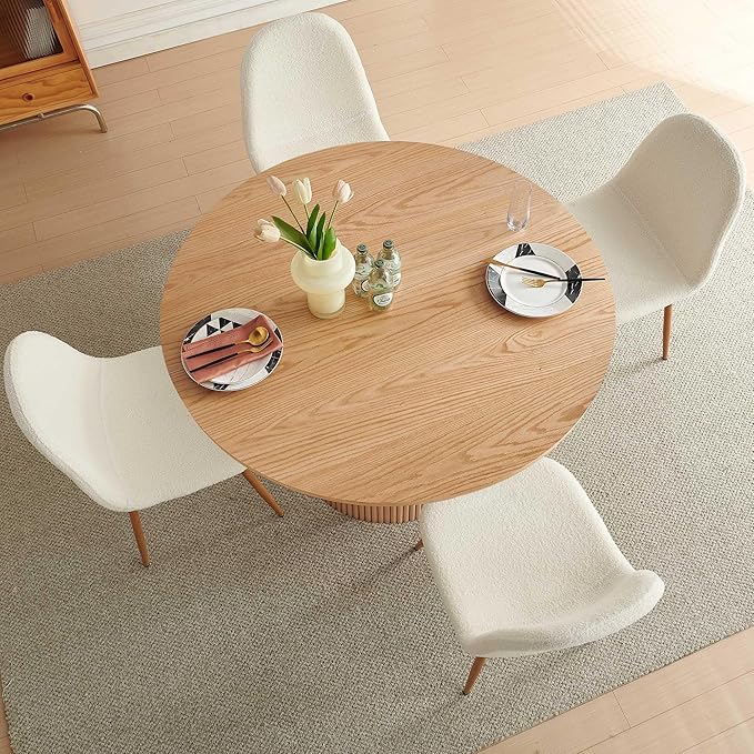 Dining Table Set for 4, Mid Century Modern 47 Inch Wooden Round Dining Table Set, Space Saving (Table + 4 White Chairs)