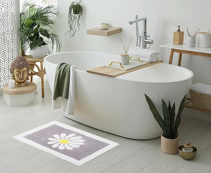 Hi Space Bathroom Rugs 31.5x19.7IN Grey Bath Mat for Bathroom Non Slip Machine Washable Soft Microfiber Absorbent Cute Daisy Floral Bath Rug Plush for Tub Shower Sink Fluffy Home Decor Accessories