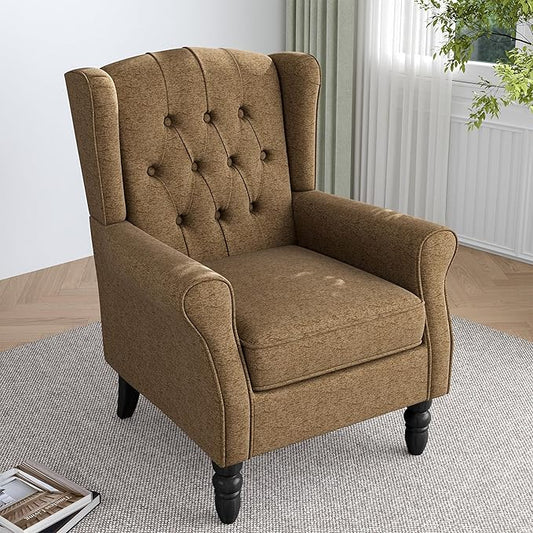 Lumibee High Back Accent Chair, Wingback Chair for Living Room, Button-Tufted Upholstered Fabric Armchair with Solid Wood Legs, Comfy Single Sofa Reading Chair for Bedroom,Taupe