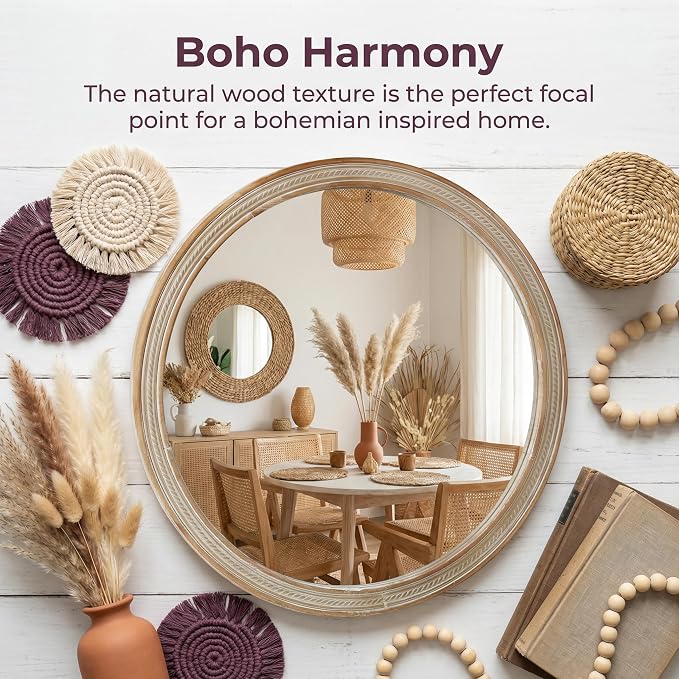 23.62'' Rustic Modern Round Wall Mirror with Rattan Textured & Pre-Installed Hanging, Decorative Mirror with Large Reflective Surface for Bathroom Bedroom Living Room, Natural