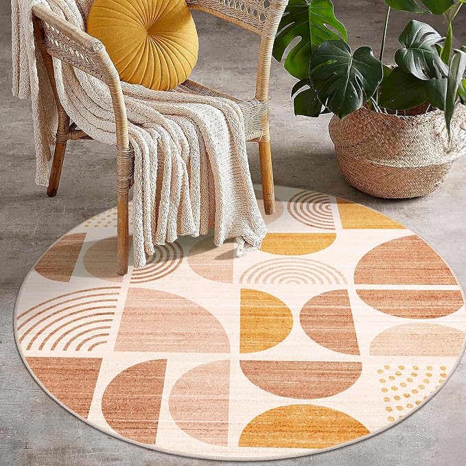 MUJOO Round Rug 4ft,Small Circle Area Rug Washable,Circular Rugs for Entryway Bedroom Kitchen,Boho Non Slip Throw Floor Carpet Modern Abstract Bohemian Orange