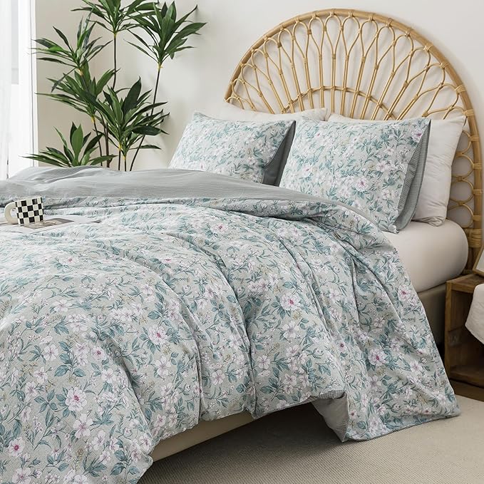 HoneiLife Wildflower Duvet Cover Queen - 100% Cotton Comforter Cover 3-PC, Botanical Bedlinen Set with Zipper Closure & Corner Ties, Floral Comforter Cover Sets, Greenery