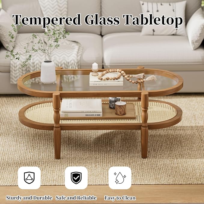 Rattan Coffee Table, Oval Cocktail Table with Glass Top and Solid Wood Frame, Boho Indoor & Outdoor Coffee Table, Brown, 48 in