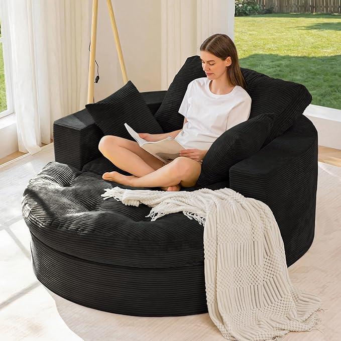 MAXYOYO Oversized Round Chaise Lounge Sofa, Upholstered Lounge Chair with 3 Pillows, Boneless Sofa Couch with Ottoman, Deep Seat Chair for Living Room, Bedroom, No Assembly, Black