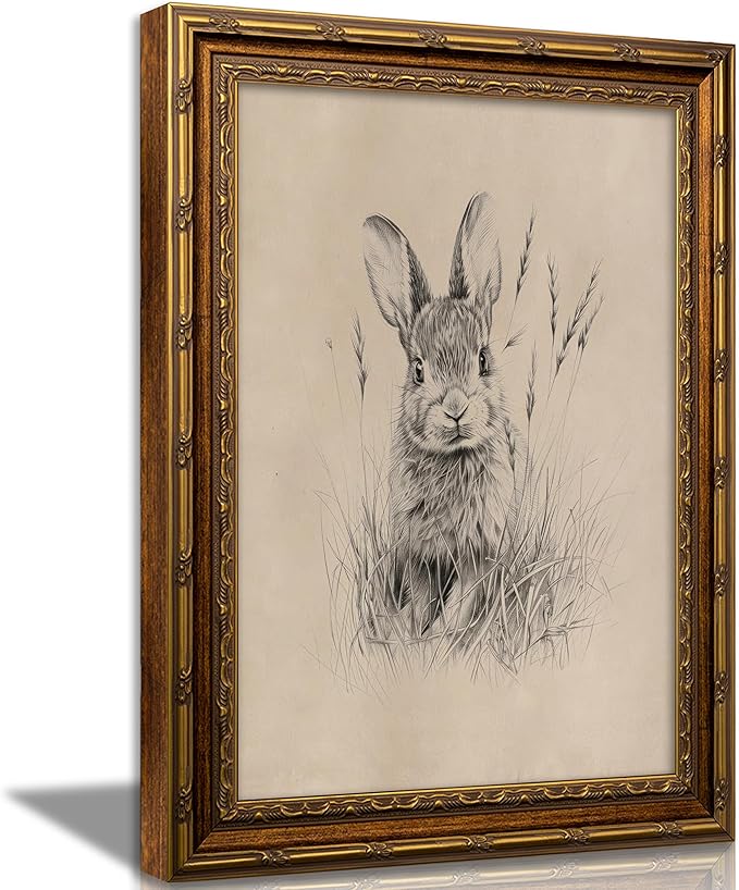 Vintage Gold Framed Easter Bunny Canvas Wall Art Vintage Rabbit Wall Decor Spring Farmhouse Animal Sketch Print Artwork Sketch Rabbit painting Picture for Farmhouse Bedroom Living Room 9X11in