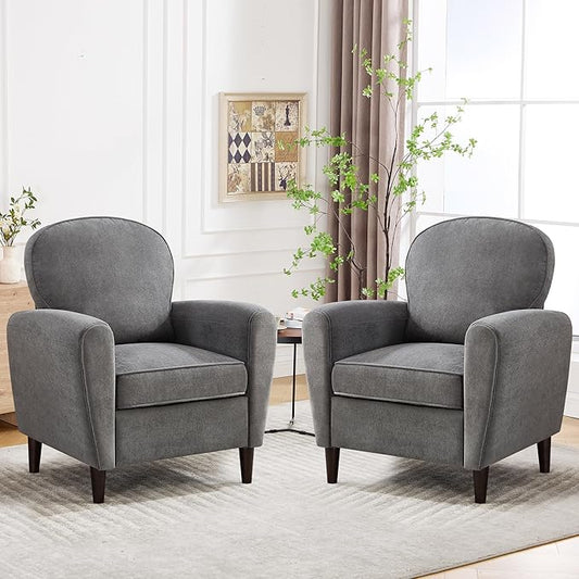 Accent Chair Set of 2, Mid Century Modern Arm Chair with Thick Cushion and Back, Comfy Upholstered Reading Chair Single Sofa Chair for Living Room, Bedroom, Club, Dark Grey