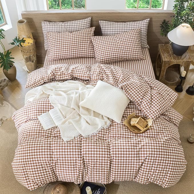 MooMee Gingham Duvet Cover Set 100% Washed Cotton Linen Like Textured Breathable Durable Soft Comfy Modern Checkered Design (Dark Orange Gingham, Twin 68"x90")