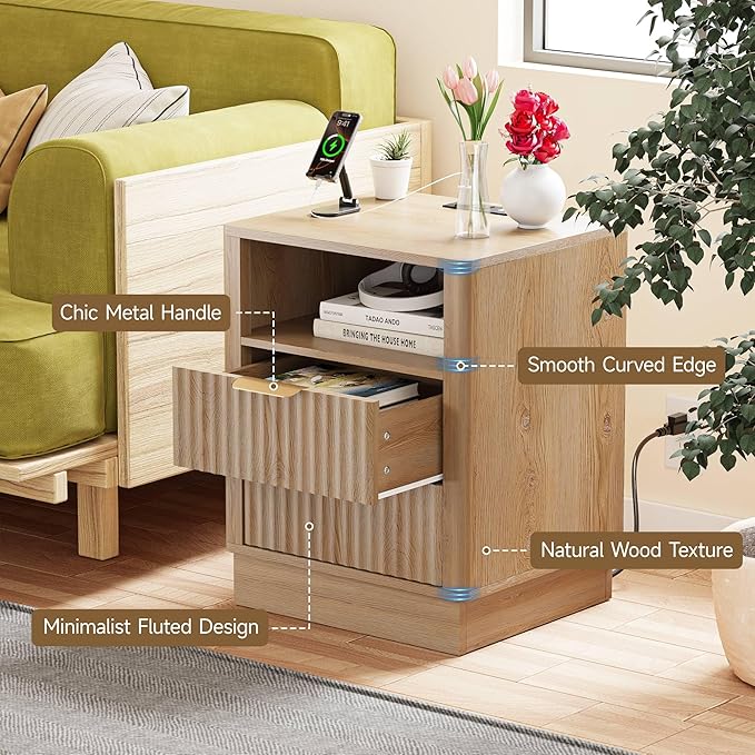 Nightstand with Charging Station Set of 2, Fluted Bedside Table with 2 Storage Drawer and Open Wood Shelf, Night Stand with Solid Wood Base for Bedroom, Side Table, End Table, Oak