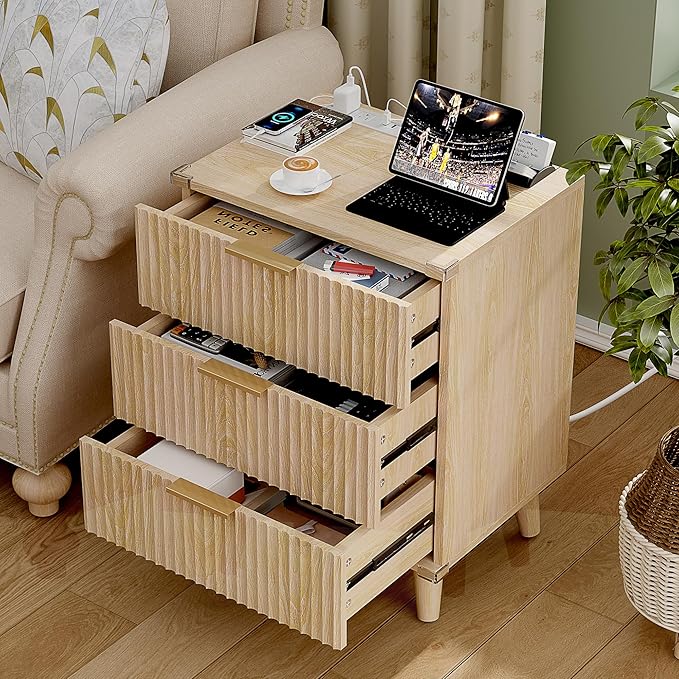 Lulive Wood Night Stand Set 2 Fluted Dresser for Bedroom 3 Drawers End Tables Nightstand with Charging Station, Storage Modern Side Table Natural
