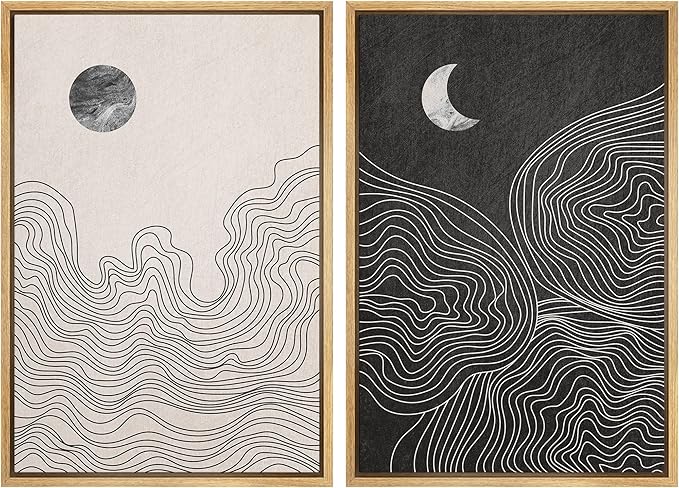 IDEA4WALL Framed Canvas Print Wall Art Set Watercolor Pastel Duotone Sun Moon Abstract Nature Illustrations Modern Art Chic Landscape Neon for Living Room, Bedroom, Office - 24"x36"x2 Natural