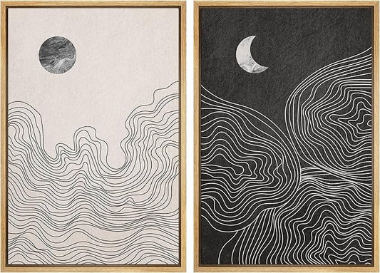 IDEA4WALL Framed Canvas Print Wall Art Set Watercolor Pastel Duotone Sun Moon Abstract Nature Illustrations Modern Art Chic Landscape Neon for Living Room, Bedroom, Office - 16"x24"x2 Natural