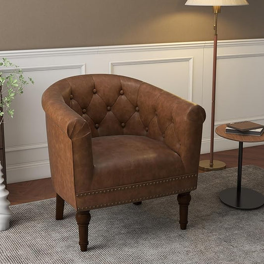 Lumibee Faux Leather Barrel Chair, Upholstered Accent Chair for Living Room, Modern Comfy Club Armchair for Office, Bedroom, Waiting Room-Brown