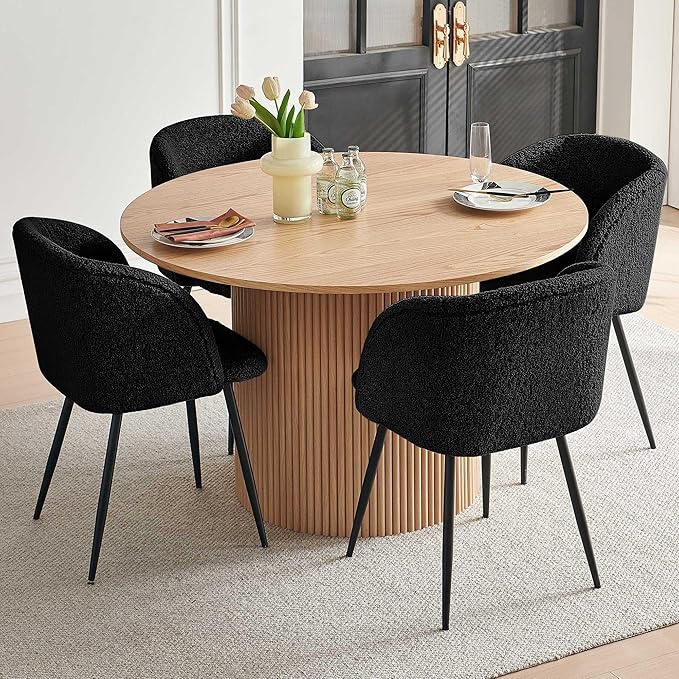 5-Piece Modern Kitchen Dining Room Table Set for 4, 47-Inch Oak Wooden Dining Table Round with 4 Seated Black Arm Chairs Upholstered Sherpa, Mid-Century Breakfast Nook Table Set