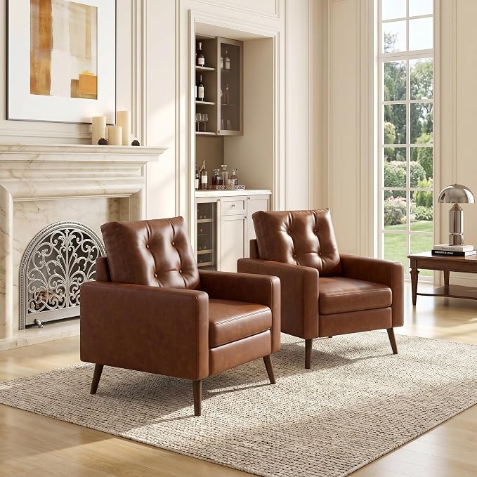 HNY Set of 2 Mid Century Modern Armchair, Button Tufted Faux Leather Accent Chair with Arm, Upholstered Club Chair for Living Room, Bedroom, Rubber Wood Legs, Caramel