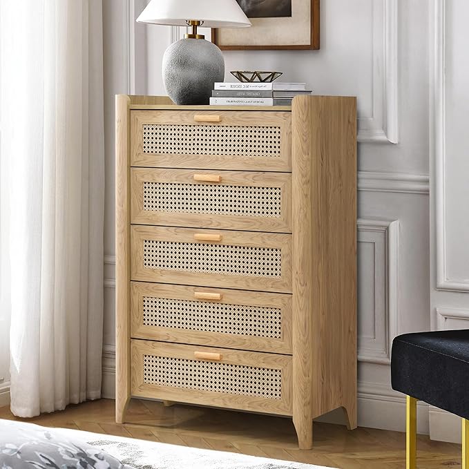 ELISA HOME Rattan-Inspired 5 Drawers Dresser for Bedroom, 47.2" Tall Dressers, Wood Drawer Organizer for Clothes, Entryway, Hallway, Nursery or Living Room, Oak