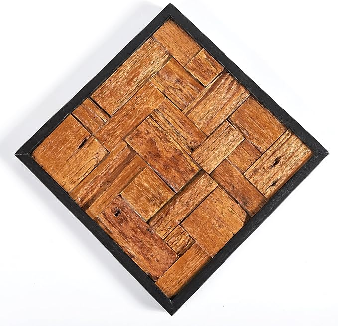 Warmaxx Rustic Teak Wood Framed Wall Decor 17''x17 Farmhouse Wall Art Aesthetic Christmas Decoration Home Living Room Bedroom Office Handmade Square Wooden Geometric Block Slatted Collage
