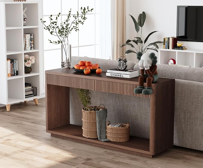 Wood Console Table, 59.8" Retro Long Sofa Table Behind Couch with 2 Fluted Drawers, Farmhouse Wooden Narrow Sofa Table Hall Table for Living Room Foyer Entrance Entryway, Walnut