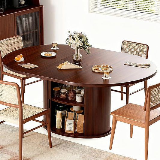 Extendable Round Dining Table for 2-4-6, 63 Inch Dining Room Kitchen Table with 2-Tier Storage Shelf, Modern Farmhouse Fluted Wood Slide Door Dinner Furniture,Oval Circle(Walnut-63 Inch)